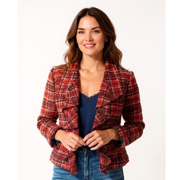 Anthropologie TABITHA MORETOWN Plaid Boucle Jacket with Ruffles Size 12 NO BELT - Picture 1 of 10